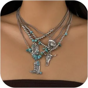 Boho Multi Layered Necklaces for Women - Western Cowgirl & Cowboy Hat Boots Accessories