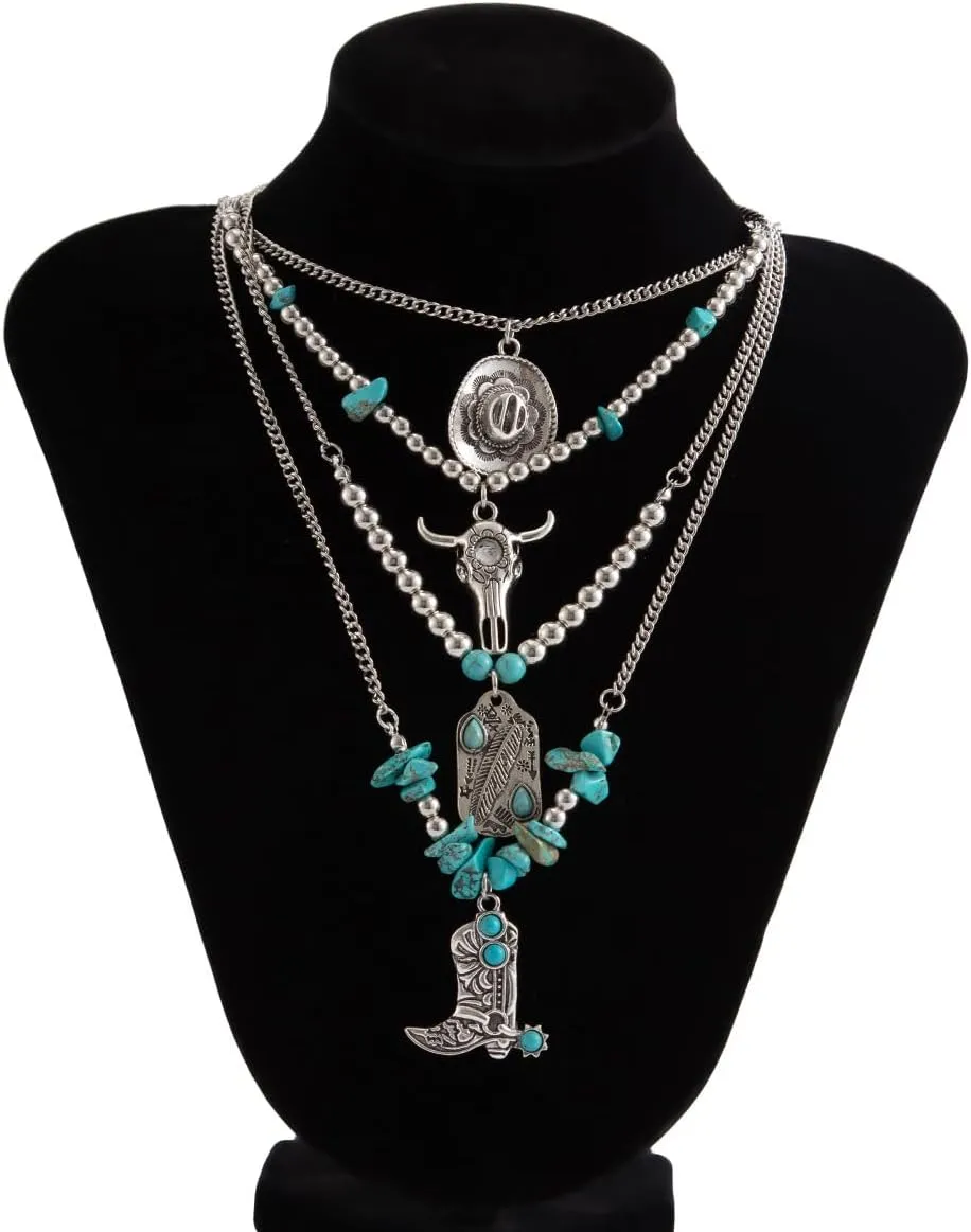 Boho Multi Layered Necklaces for Women - Western Cowgirl & Cowboy Hat Boots Accessories