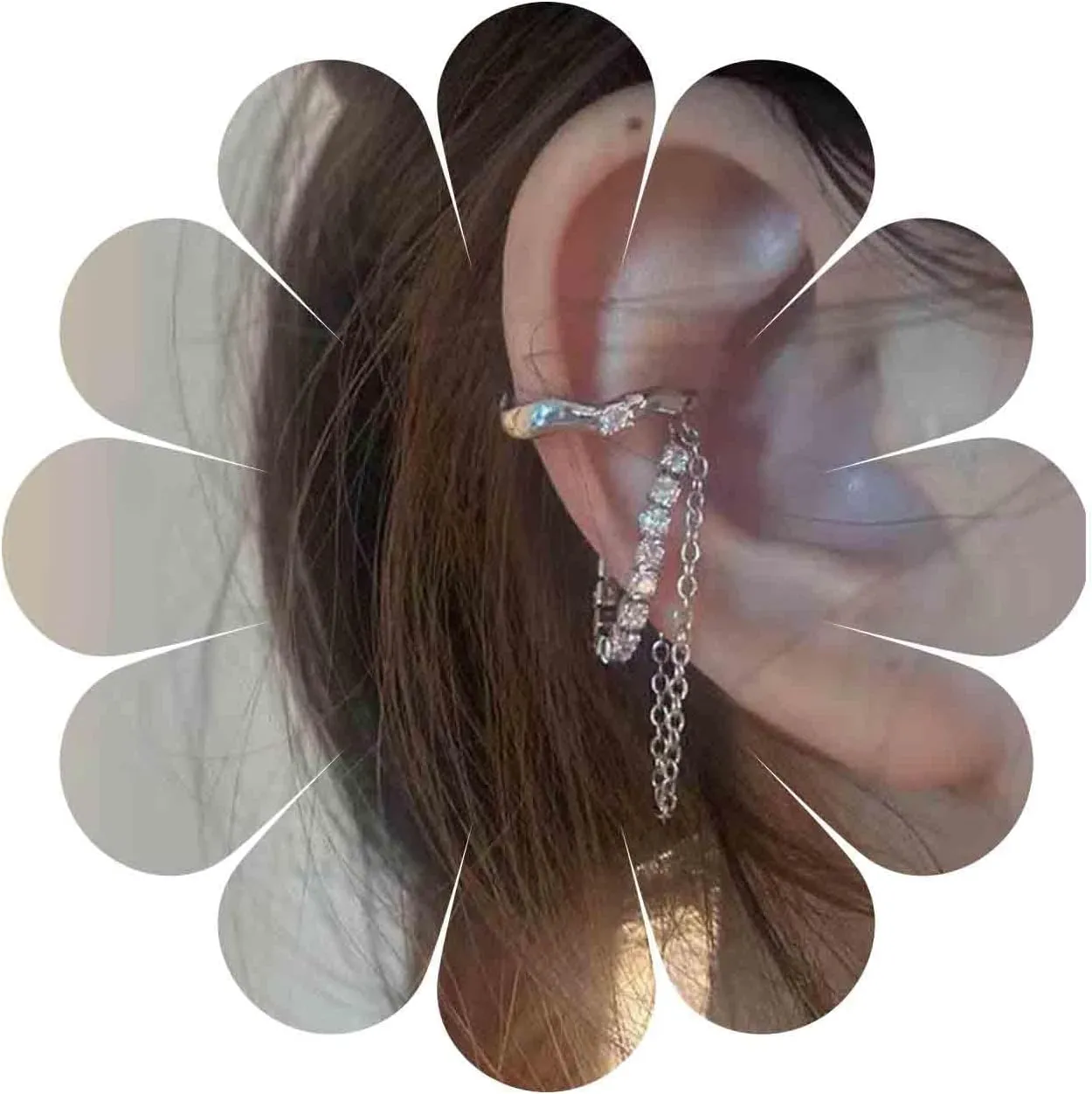 Boho Rhinestone Chain Cuff Earrings Silver Cz Chain Ear Cuff Earrings Punk Chain Hoop Cuff Earrings Luxury Statement Earrings No Piercing Earrings Jewelry for Women
