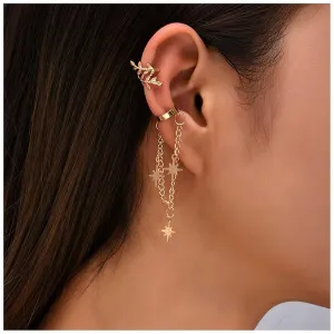 Boho Star Cuff Chain Earrings Gold Northstar Wrap Chain Earrings Star Cartilage Chain Earrings Chain Tassel Dangle Earrings Long Chain Drop Earrings Jewelry for Women and Girls