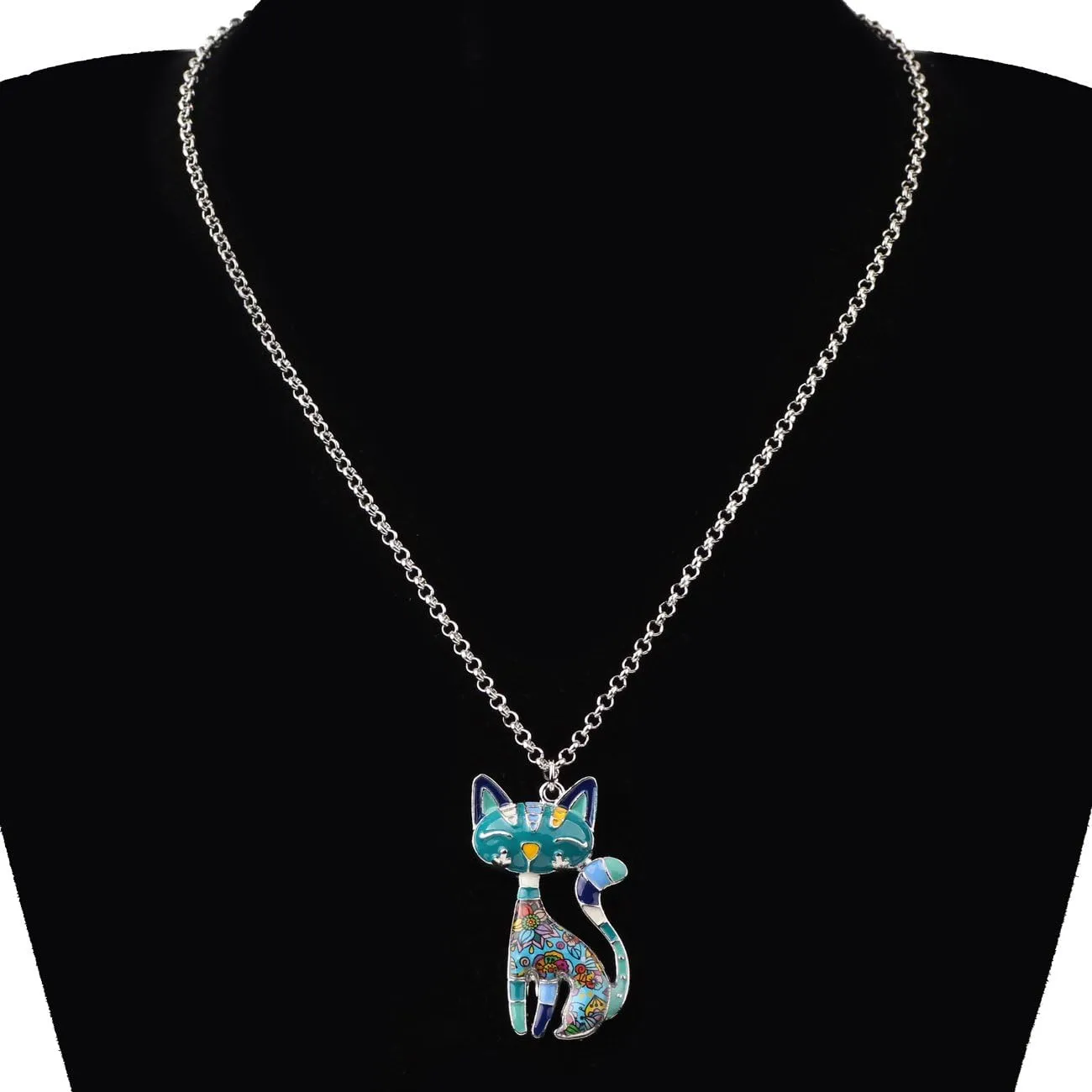 BONSNY Statement Enamel Alloy Chain Cat Necklaces Pendant Original Design For Women