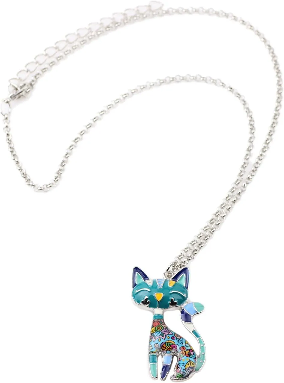BONSNY Statement Enamel Alloy Chain Cat Necklaces Pendant Original Design For Women