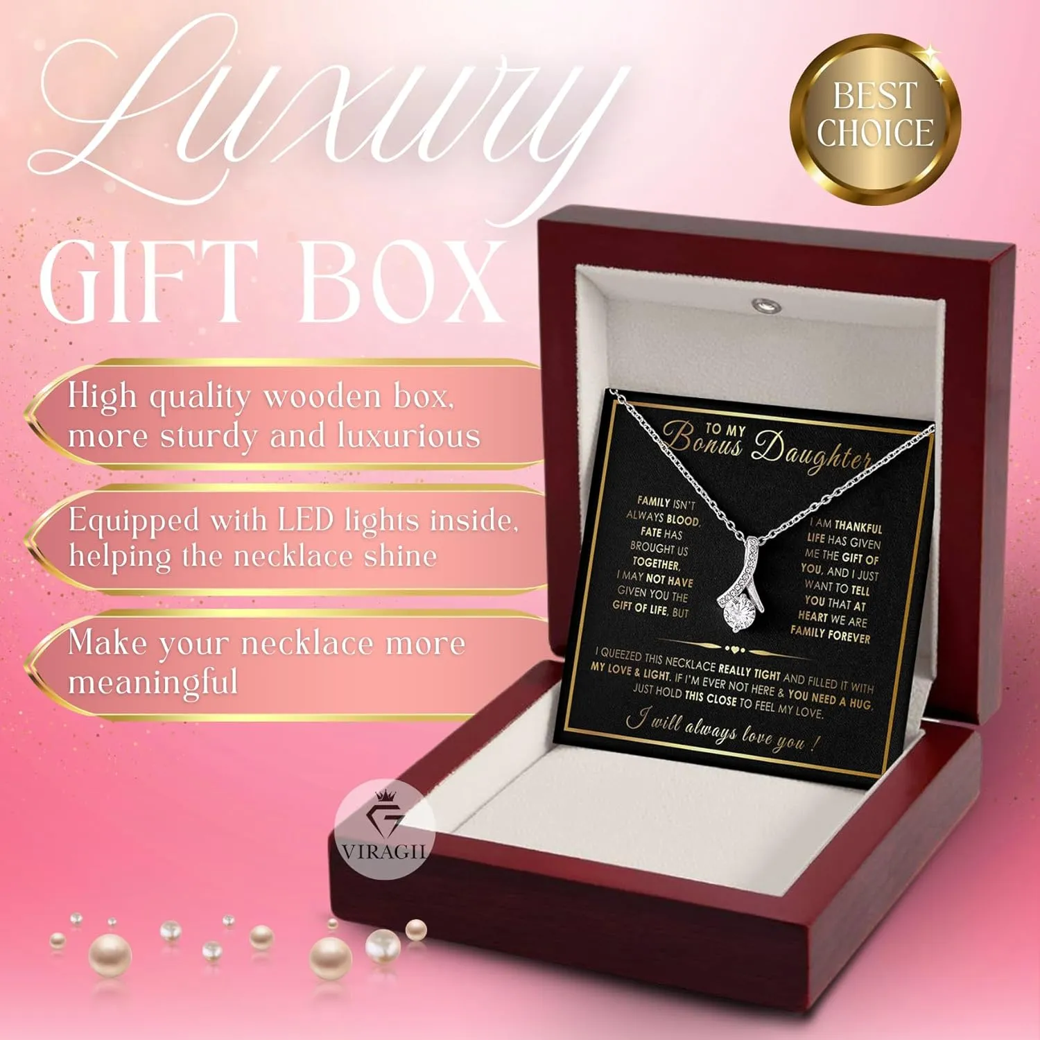 Bonus Daughter Gifts: Stepdad & Stepmom Necklace, To My Bonus Daughter Necklace, LED Jewelry Box & Message Card