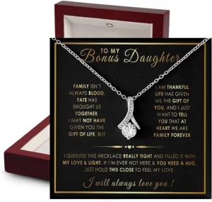 Bonus Daughter Gifts: Stepdad & Stepmom Necklace, To My Bonus Daughter Necklace, LED Jewelry Box & Message Card