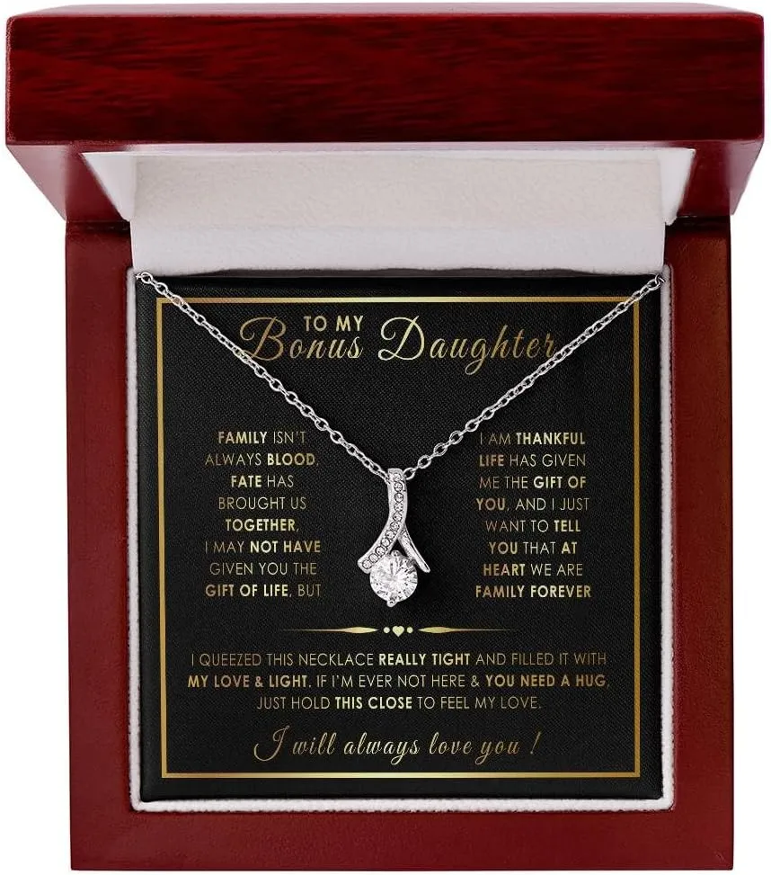 Bonus Daughter Gifts: Stepdad & Stepmom Necklace, To My Bonus Daughter Necklace, LED Jewelry Box & Message Card