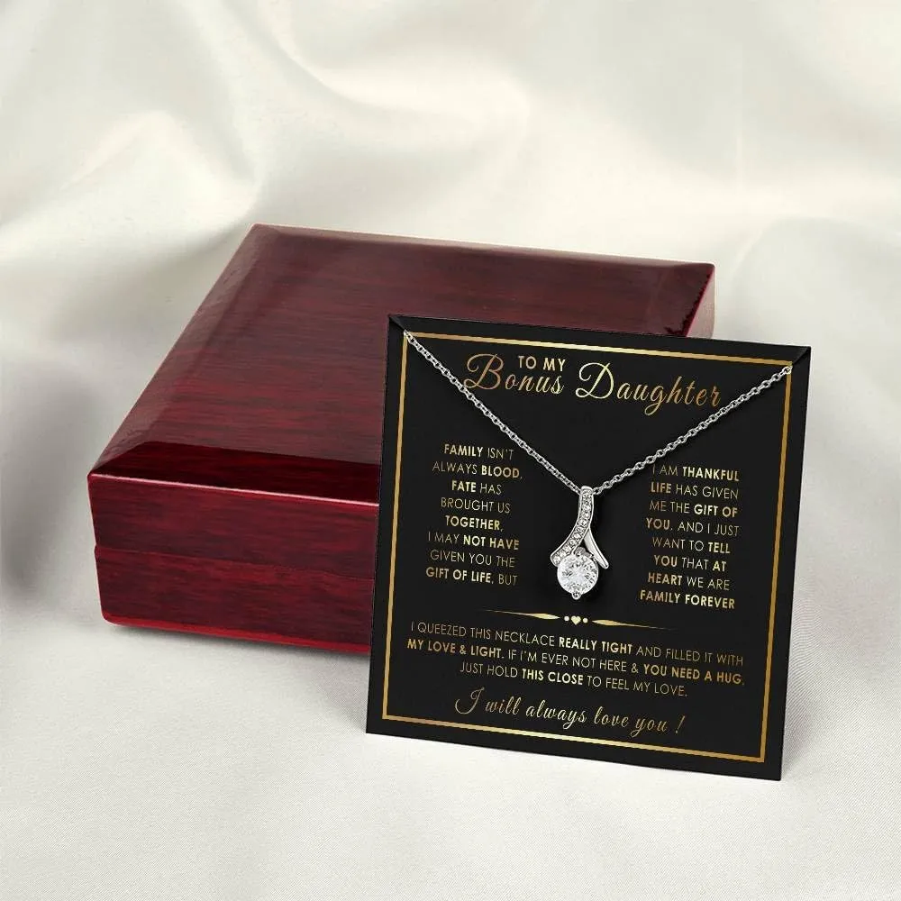 Bonus Daughter Gifts: Stepdad & Stepmom Necklace, To My Bonus Daughter Necklace, LED Jewelry Box & Message Card
