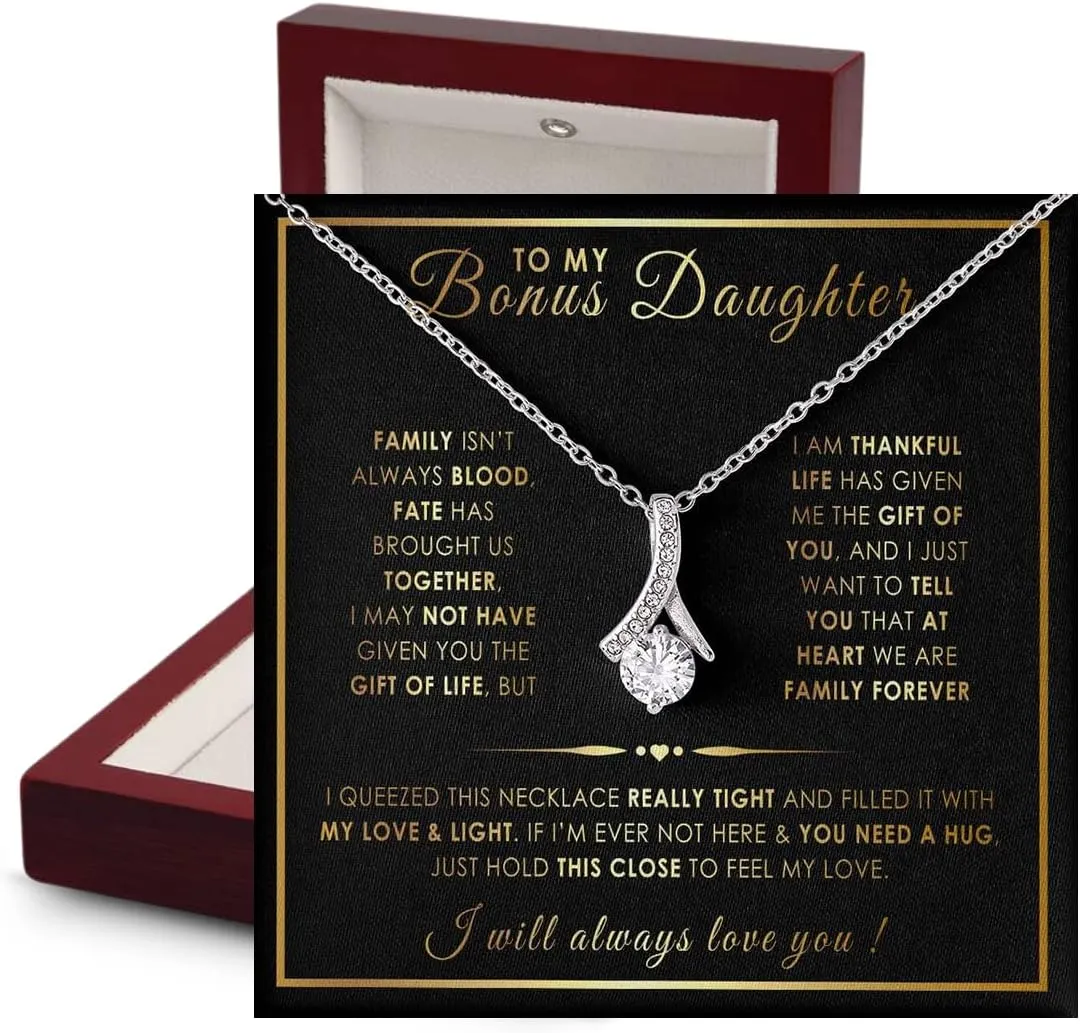 Bonus Daughter Gifts: Stepdad & Stepmom Necklace, To My Bonus Daughter Necklace, LED Jewelry Box & Message Card