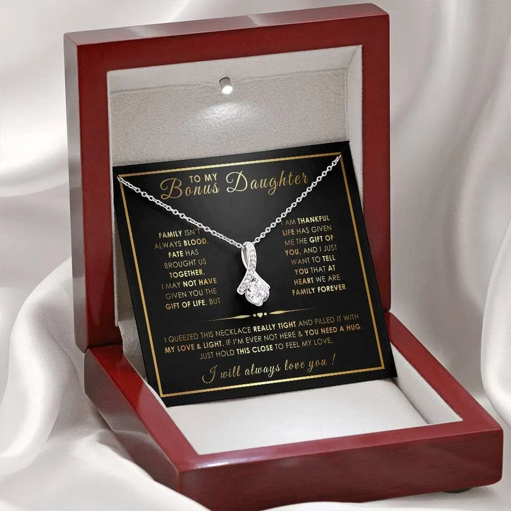 Bonus Daughter Gifts: Stepdad & Stepmom Necklace, To My Bonus Daughter Necklace, LED Jewelry Box & Message Card