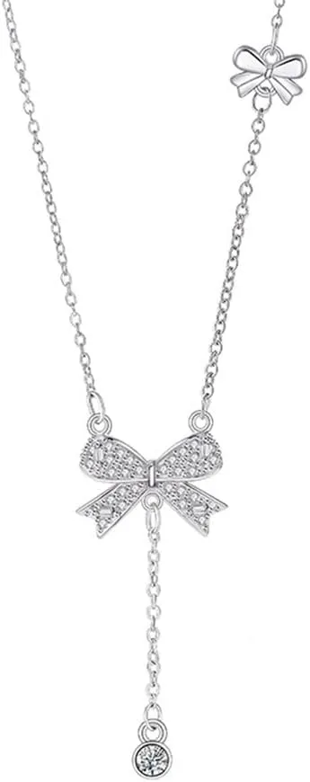 Bow Pendant Necklace for Women Stainless Steel Ribbon Knot Tassel Chain Rhinestone Dangle Choker Chains Adjustable Stacking Christmas Necklaces Jewelry
