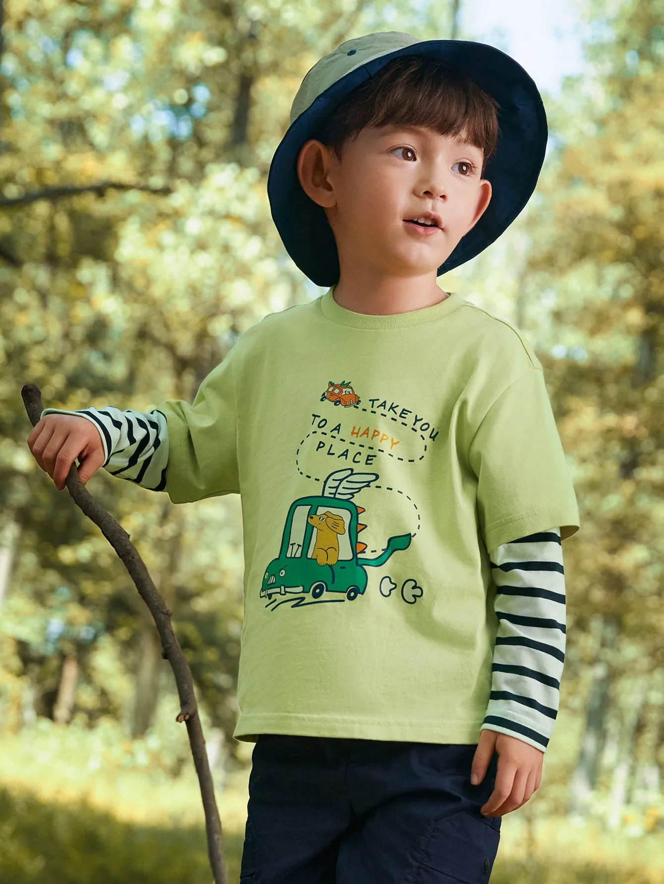 Boy Trend Scenarios Cartoon car Olivine Long Sleeve T-Shirt