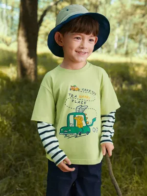 Boy Trend Scenarios Cartoon car Olivine Long Sleeve T-Shirt