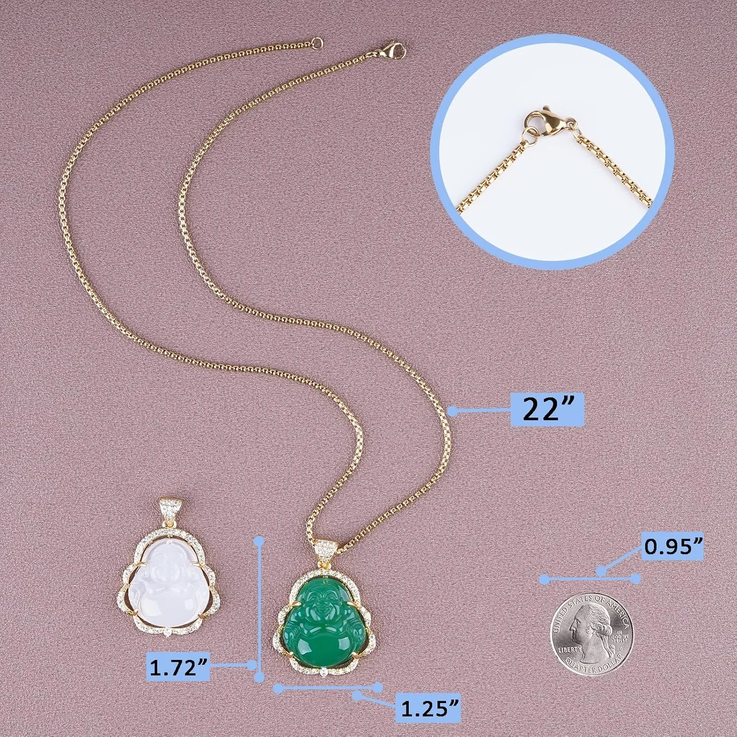 Buddha Necklace Jade Laughing Buddha Pendant with 14K Gold Plated Chain Cubic Zirconia Buddah Necklaces for Women Men