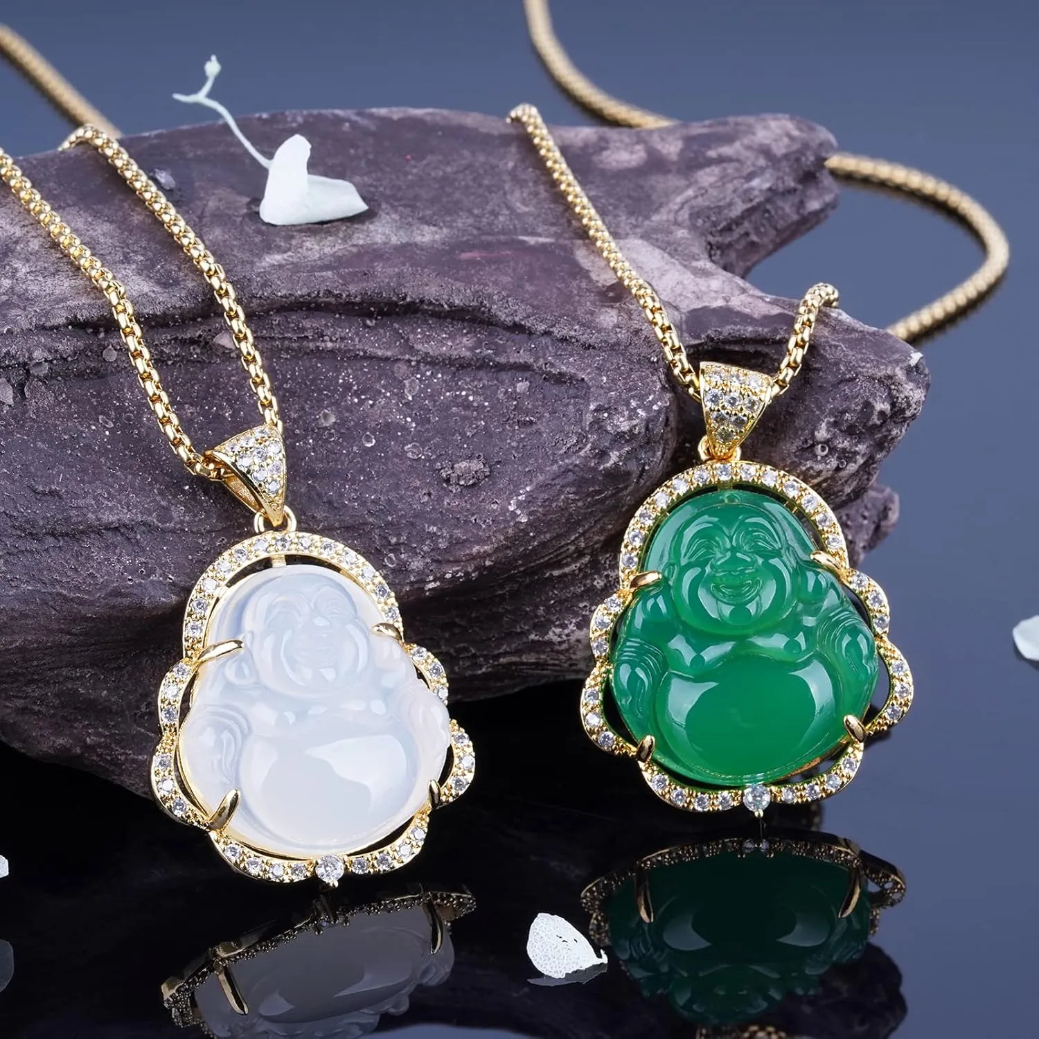 Buddha Necklace Jade Laughing Buddha Pendant with 14K Gold Plated Chain Cubic Zirconia Buddah Necklaces for Women Men