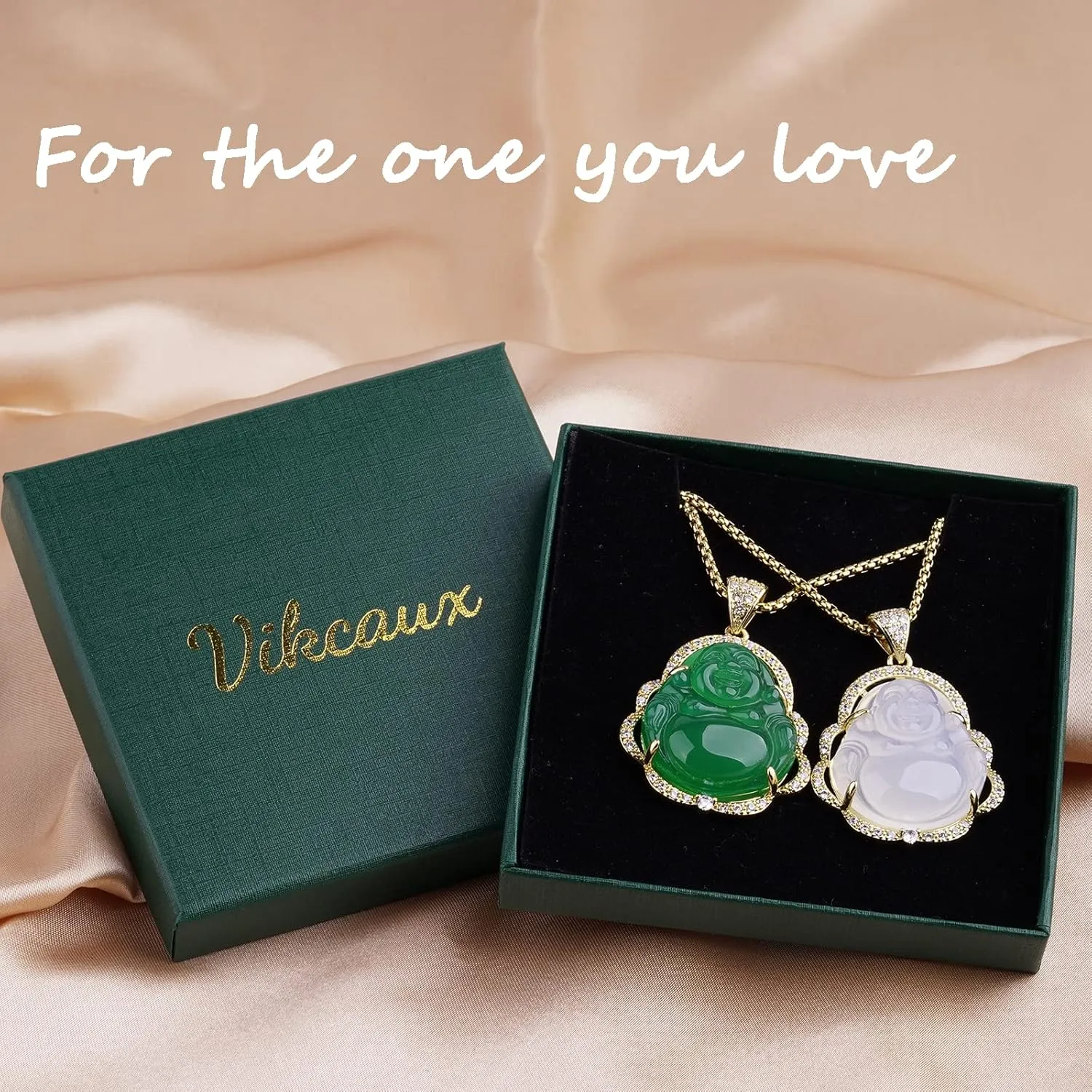 Buddha Necklace Jade Laughing Buddha Pendant with 14K Gold Plated Chain Cubic Zirconia Buddah Necklaces for Women Men