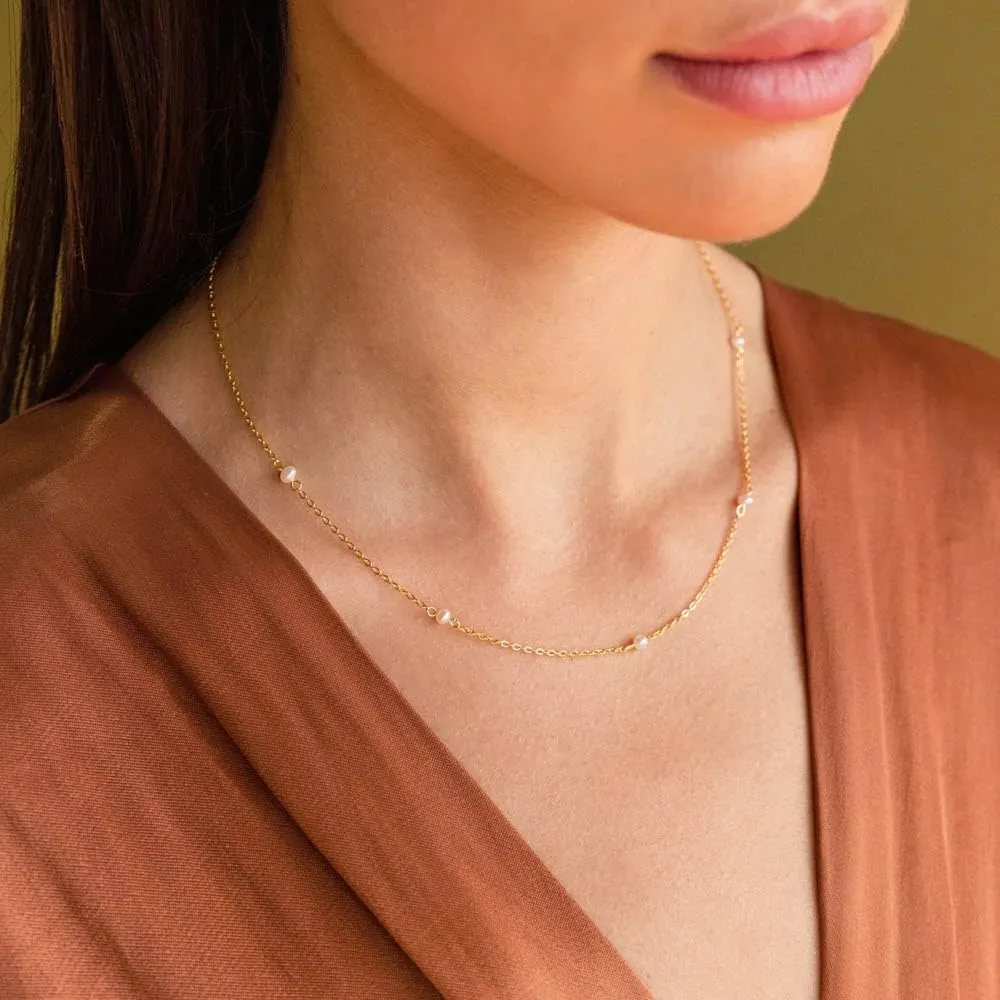 CAITLYNMINIMALIST 18K Gold Sterling Silver Freshwater Pearl Bead Drop Station Adjustable Necklace for Women Gift for Her