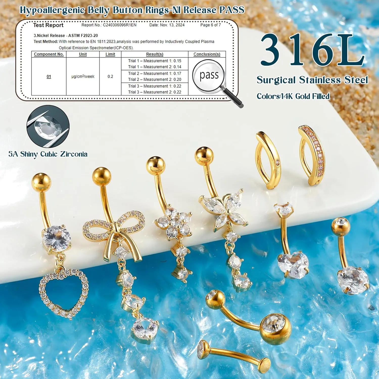 CASSIECA 10Pcs Gold Belly Button Piercing Ring-Surgical Steel CZ Heart Navel Belly Rings for Women Dangle Short Clicker Navel Piercings Cute Summer Jewelry 14G