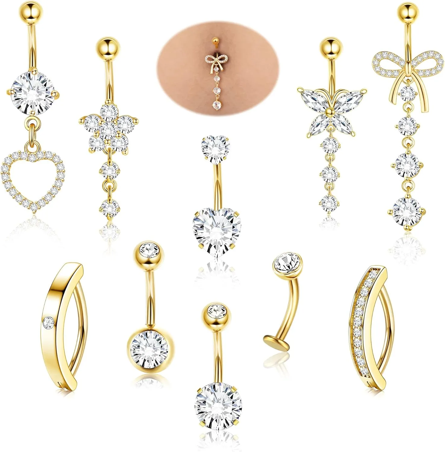 CASSIECA 10Pcs Gold Belly Button Piercing Ring-Surgical Steel CZ Heart Navel Belly Rings for Women Dangle Short Clicker Navel Piercings Cute Summer Jewelry 14G