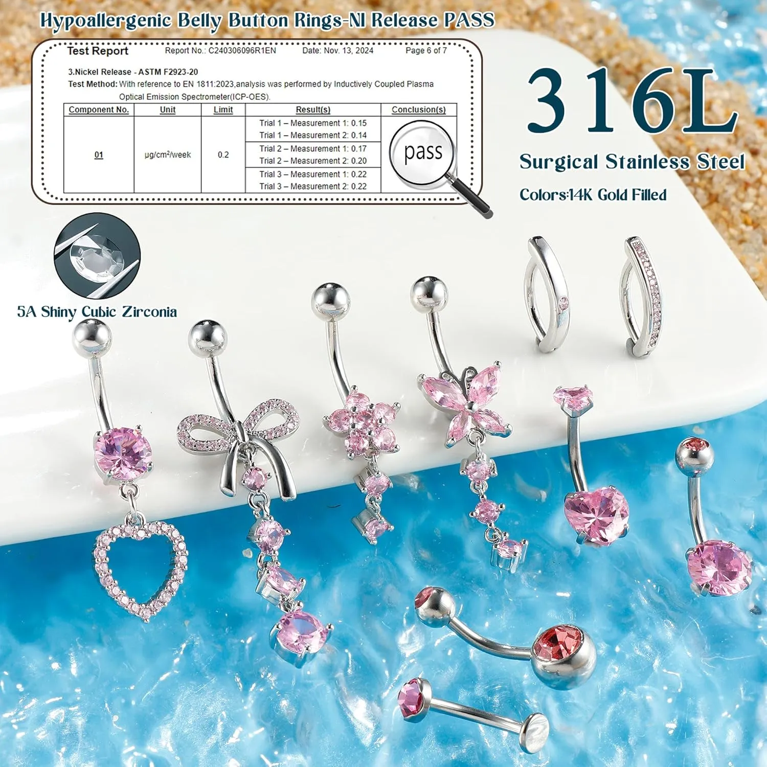CASSIECA 10Pcs Gold Belly Button Piercing Ring-Surgical Steel CZ Heart Navel Belly Rings for Women Dangle Short Clicker Navel Piercings Cute Summer Jewelry 14G