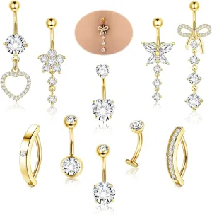 CASSIECA 10Pcs Gold Belly Button Piercing Ring-Surgical Steel CZ Heart Navel Belly Rings for Women Dangle Short Clicker Navel Piercings Cute Summer Jewelry 14G