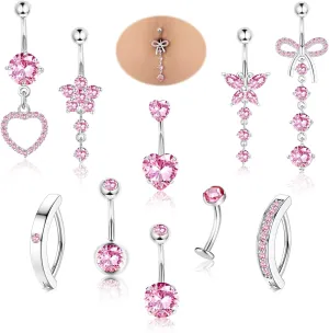 CASSIECA 10Pcs Gold Belly Button Piercing Ring-Surgical Steel CZ Heart Navel Belly Rings for Women Dangle Short Clicker Navel Piercings Cute Summer Jewelry 14G