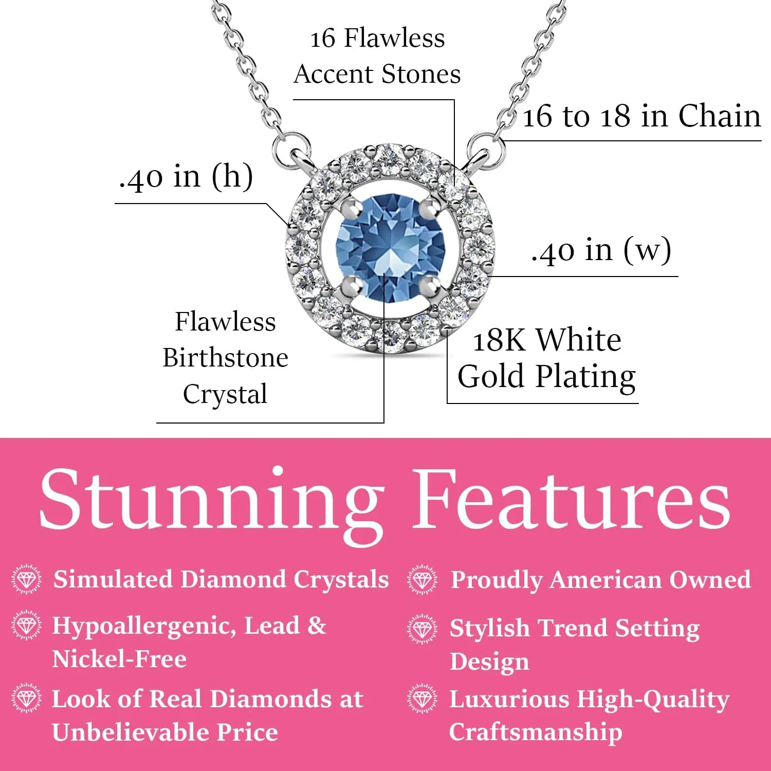 Cate & Chloe Royal 18k White Gold Plated Birthstone Necklace for Women, Silver Round Cut Halo Crystal Necklace with SImluated Diamond Crystals, Jewelry for Women
