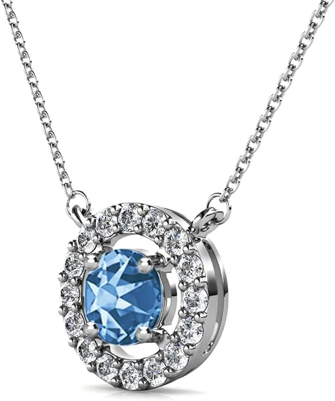 Cate & Chloe Royal 18k White Gold Plated Birthstone Necklace for Women, Silver Round Cut Halo Crystal Necklace with SImluated Diamond Crystals, Jewelry for Women