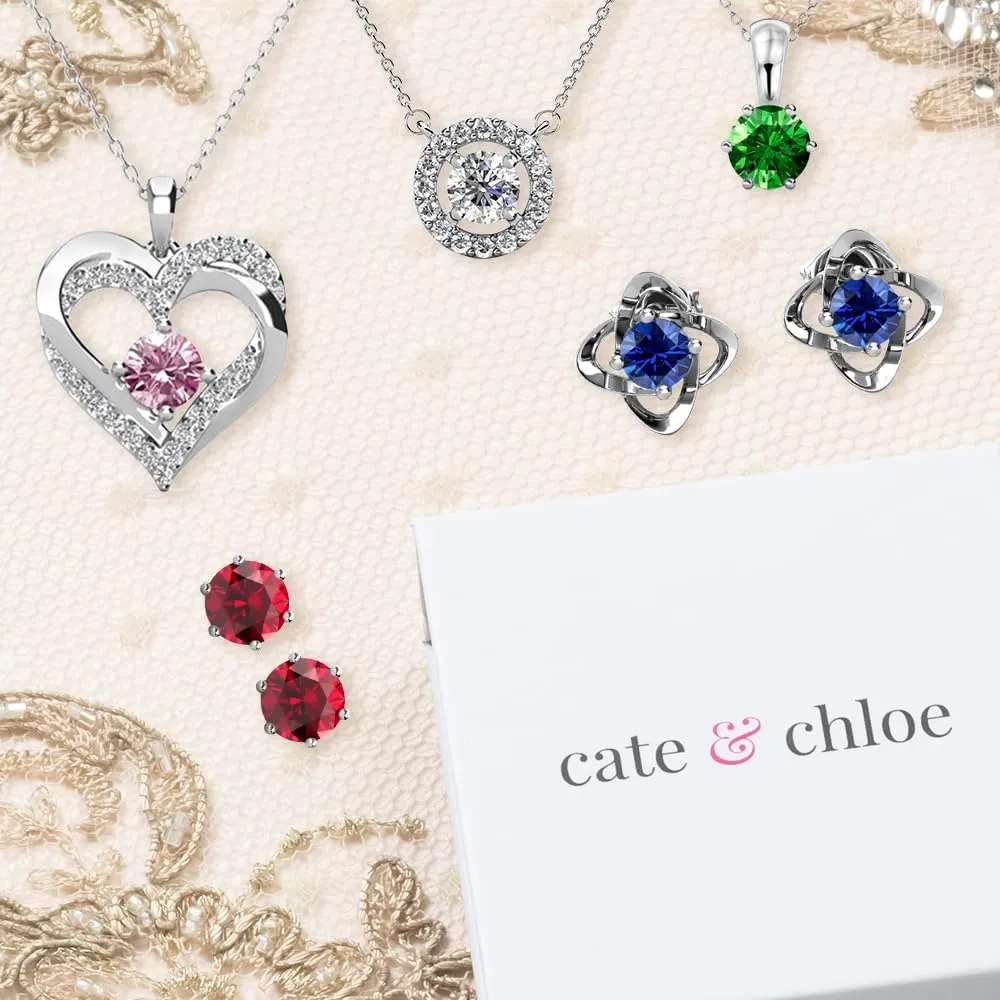 Cate & Chloe Royal 18k White Gold Plated Birthstone Necklace for Women, Silver Round Cut Halo Crystal Necklace with SImluated Diamond Crystals, Jewelry for Women