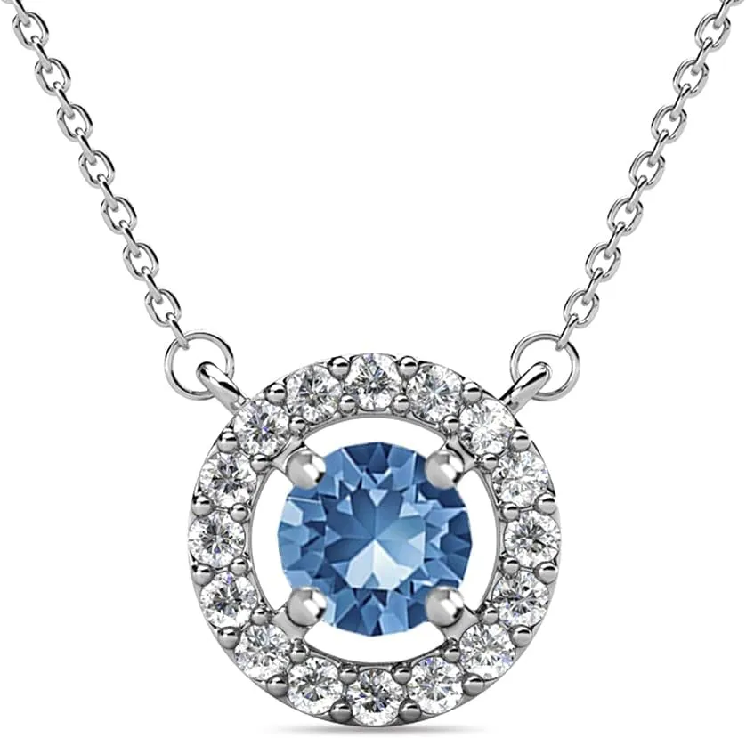 Cate & Chloe Royal 18k White Gold Plated Birthstone Necklace for Women, Silver Round Cut Halo Crystal Necklace with SImluated Diamond Crystals, Jewelry for Women