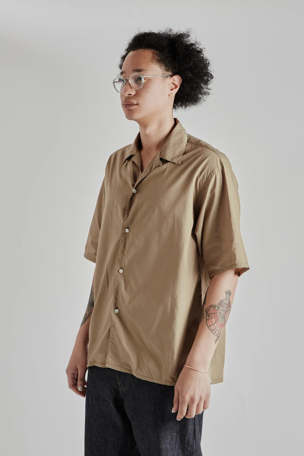 Chambray Open Collar Shirt - Olive Beige