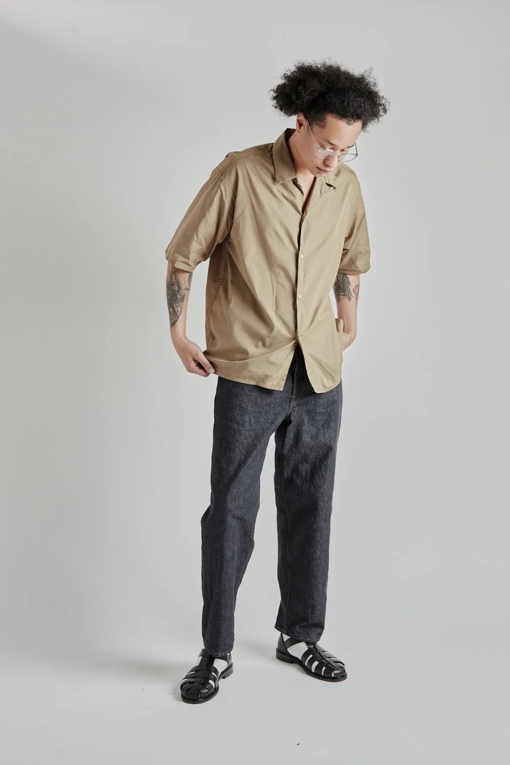 Chambray Open Collar Shirt - Olive Beige