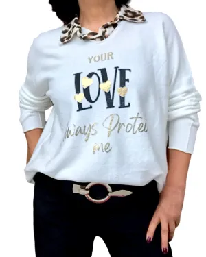 Chandail crème « love » avec un collet léopard