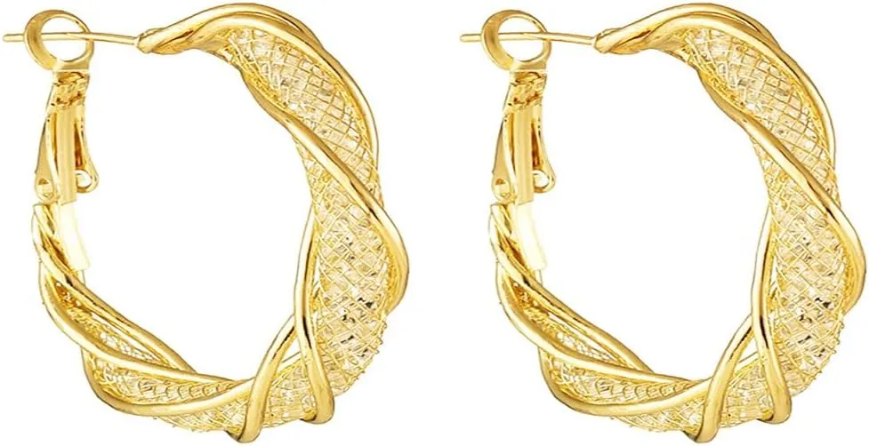 Channel V Design 18K Gold Plated Filigree Earrings for Women Twisted Dangle Hoop Earrings Chunky Gold Silver Post