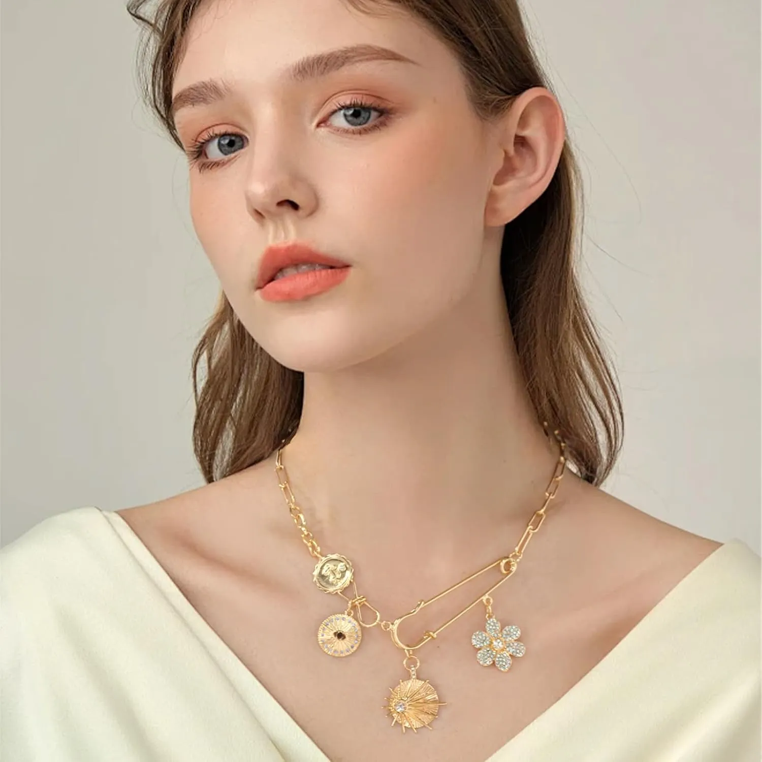 Charm Necklace Paperclip Necklace Gold Protection Necklace, Handmade Evil Eye Jewelry For Women, Hamsa Hand Nazar Eye Necklace Ojo Turco Pendant Luck Amulet, Third Eye Necklace Gold Necklae for Women