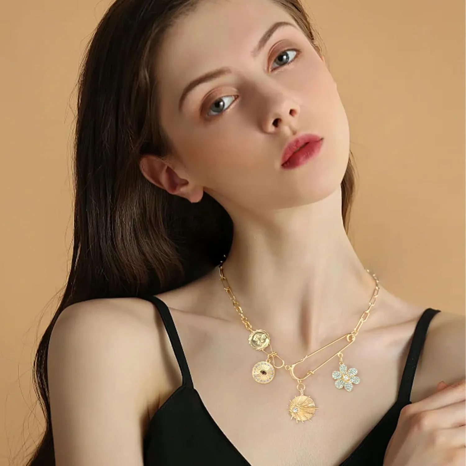 Charm Necklace Paperclip Necklace Gold Protection Necklace, Handmade Evil Eye Jewelry For Women, Hamsa Hand Nazar Eye Necklace Ojo Turco Pendant Luck Amulet, Third Eye Necklace Gold Necklae for Women