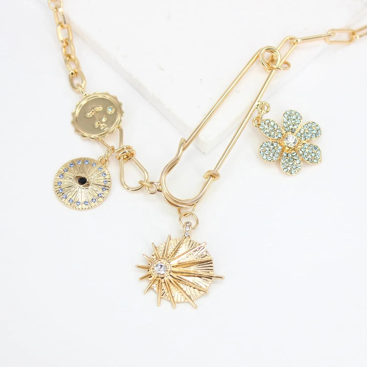 Charm Necklace Paperclip Necklace Gold Protection Necklace, Handmade Evil Eye Jewelry For Women, Hamsa Hand Nazar Eye Necklace Ojo Turco Pendant Luck Amulet, Third Eye Necklace Gold Necklae for Women