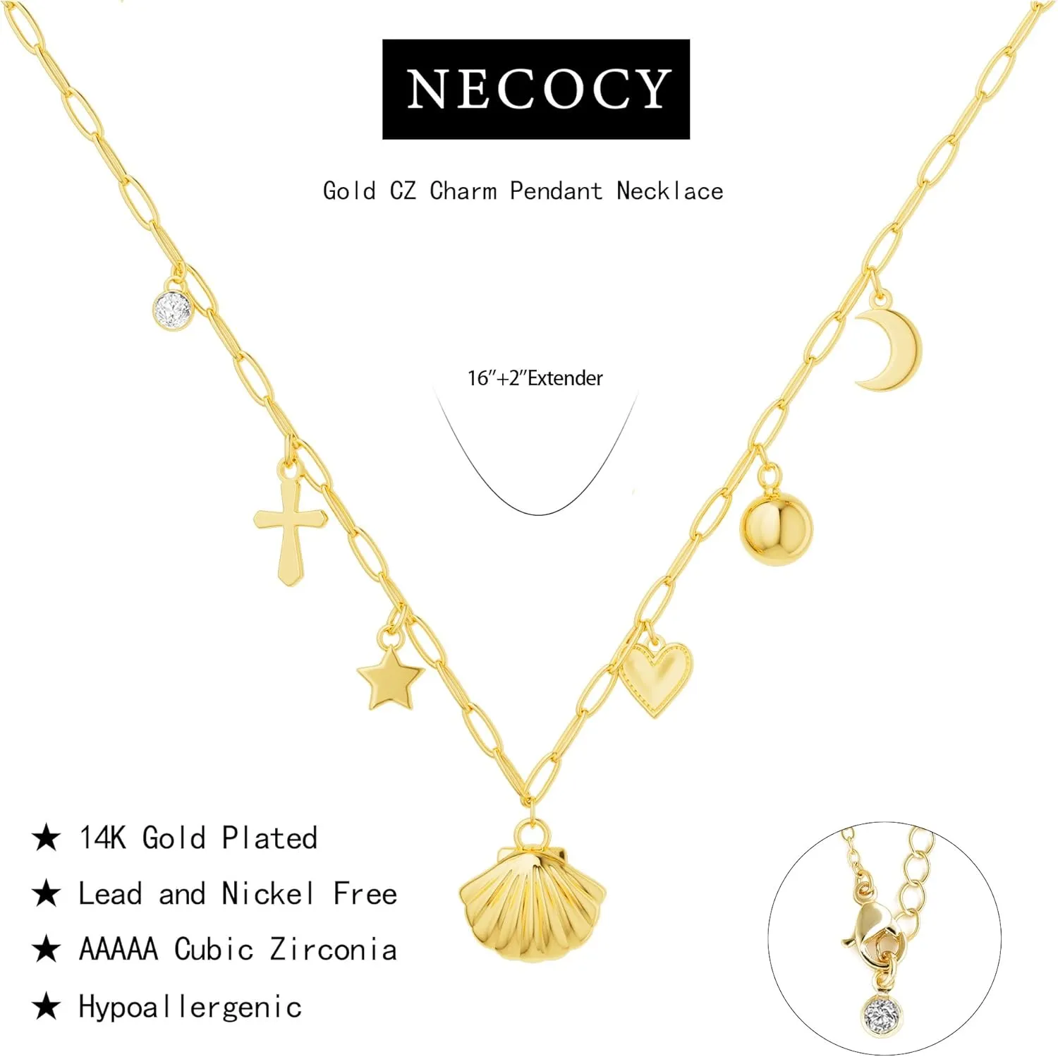 Charm Necklaces for Women, 14K Gold Plated Pendant Necklace, Pearl Cross Heart Sea Shell Star Cowgirl CZ Choker Non Tarnish Paperclip Chain Choker Dainty Simple Necklaces Jewelry for Women