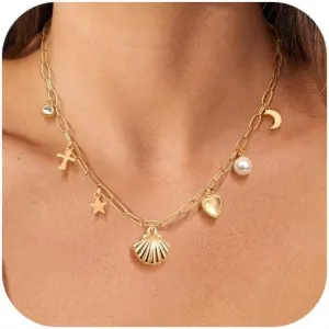 Charm Necklaces for Women, 14K Gold Plated Pendant Necklace, Pearl Cross Heart Sea Shell Star Cowgirl CZ Choker Non Tarnish Paperclip Chain Choker Dainty Simple Necklaces Jewelry for Women