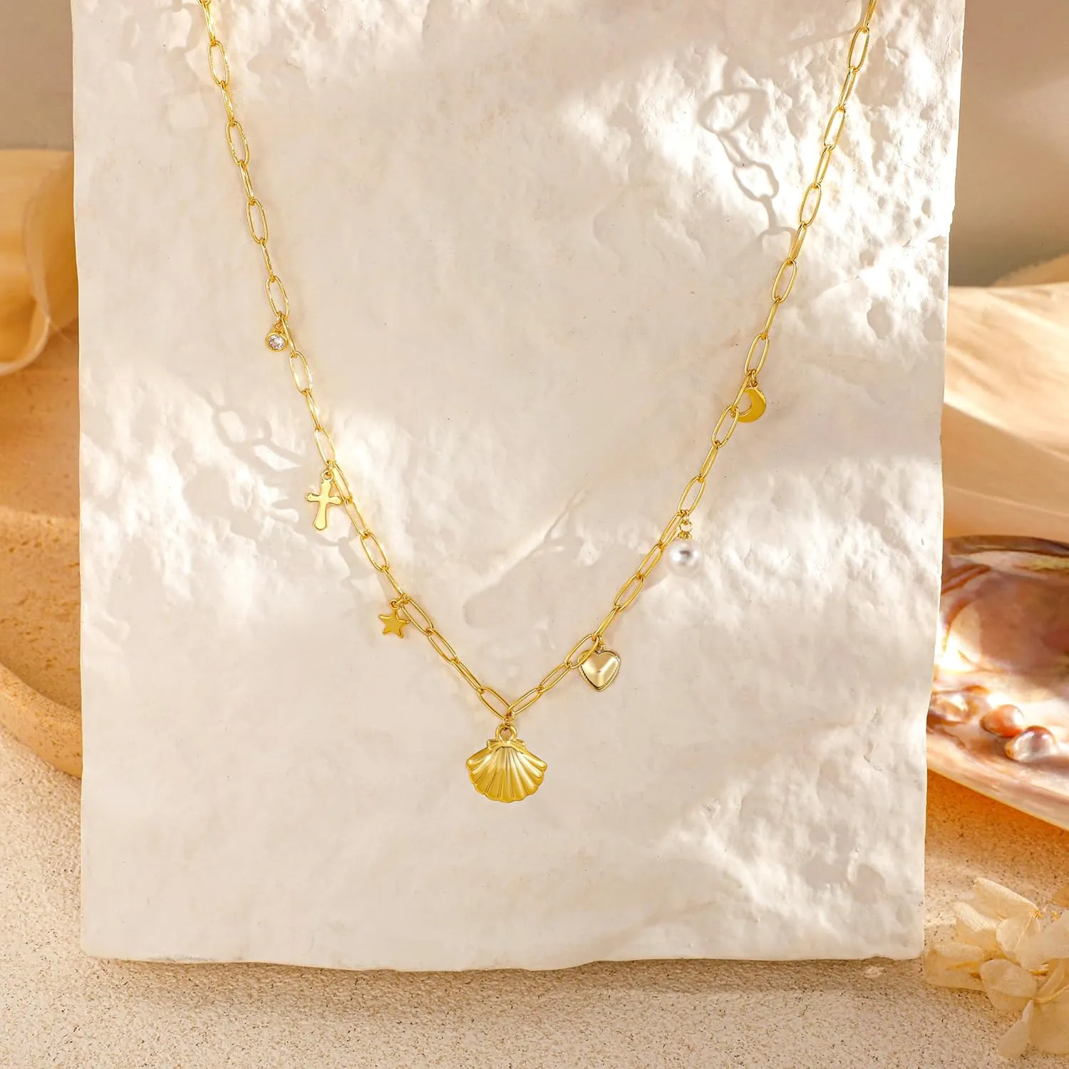 Charm Necklaces for Women, 14K Gold Plated Pendant Necklace, Pearl Cross Heart Sea Shell Star Cowgirl CZ Choker Non Tarnish Paperclip Chain Choker Dainty Simple Necklaces Jewelry for Women