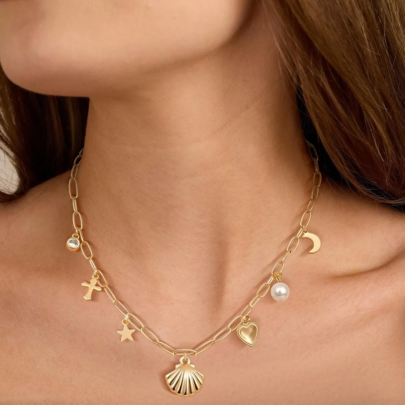 Charm Necklaces for Women, 14K Gold Plated Pendant Necklace, Pearl Cross Heart Sea Shell Star Cowgirl CZ Choker Non Tarnish Paperclip Chain Choker Dainty Simple Necklaces Jewelry for Women
