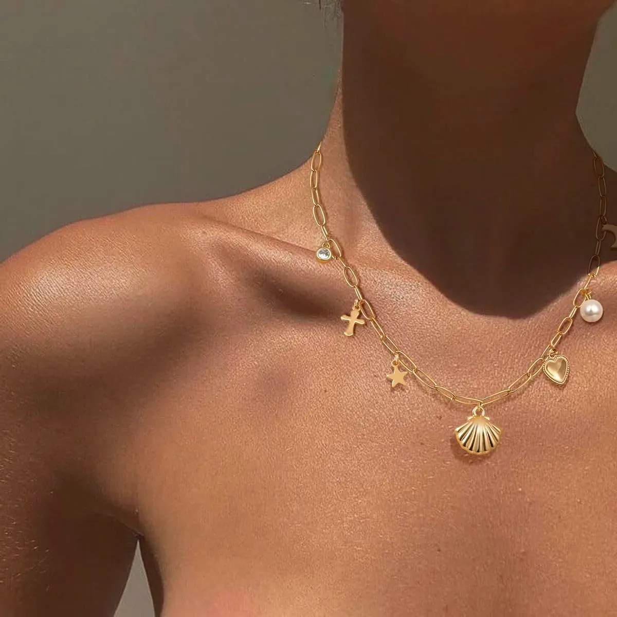 Charm Necklaces for Women, 14K Gold Plated Pendant Necklace, Pearl Cross Heart Sea Shell Star Cowgirl CZ Choker Non Tarnish Paperclip Chain Choker Dainty Simple Necklaces Jewelry for Women