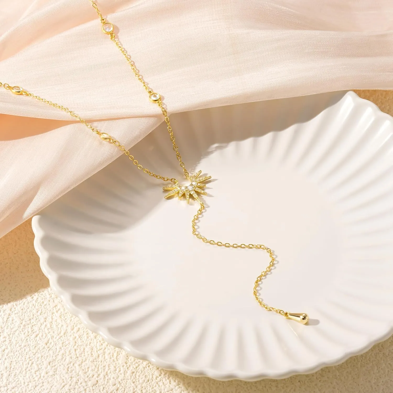 CHESKY Lariat Gold Necklace for Women, Dainty Y Necklace Trendy Long Necklaces 14K Gold Plated Layered Y-Shaped Pendant Necklace CZ Beaded Infinity Chain Drop Necklaces Simple Gold Jewelry Gift