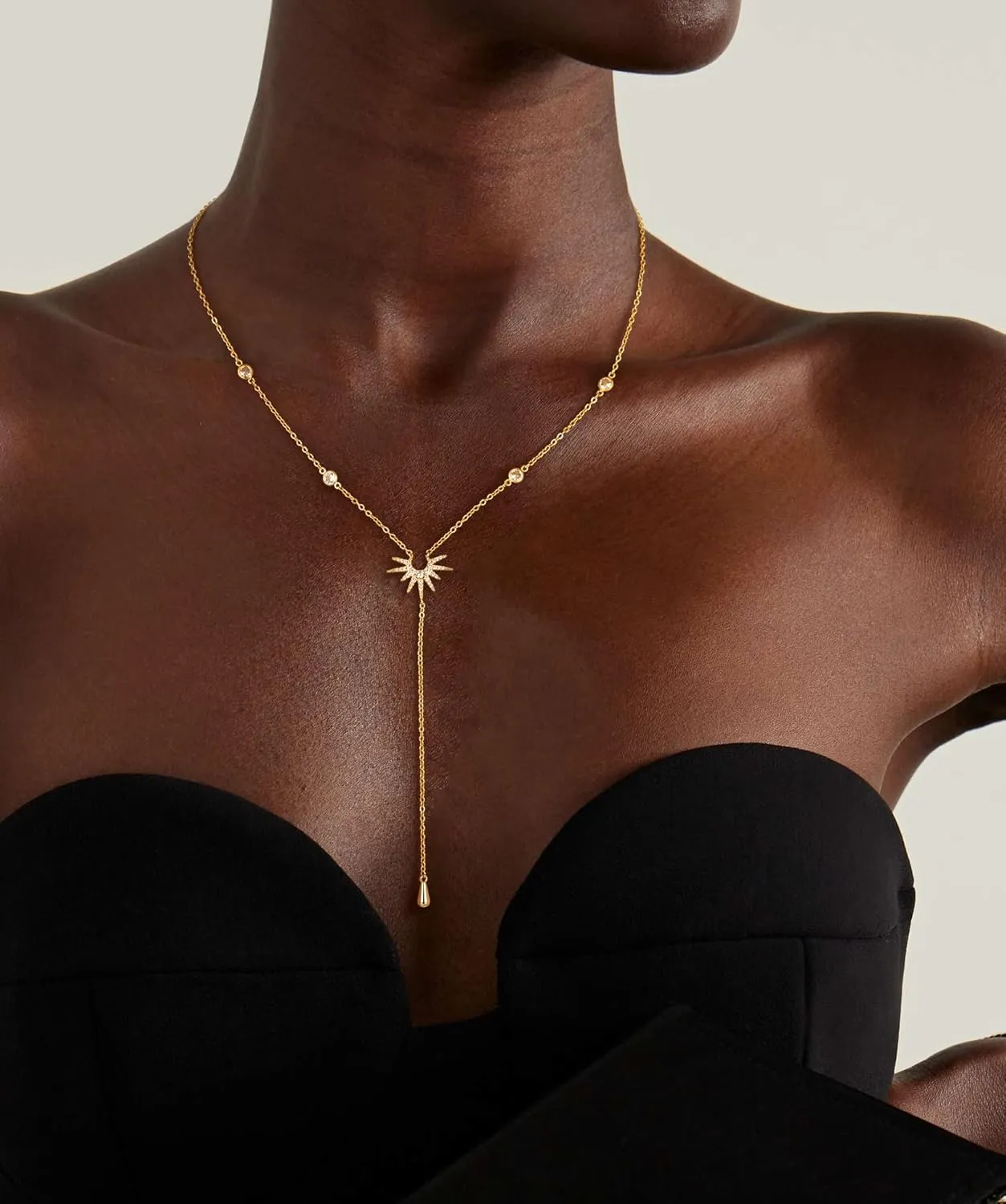 CHESKY Lariat Gold Necklace for Women, Dainty Y Necklace Trendy Long Necklaces 14K Gold Plated Layered Y-Shaped Pendant Necklace CZ Beaded Infinity Chain Drop Necklaces Simple Gold Jewelry Gift