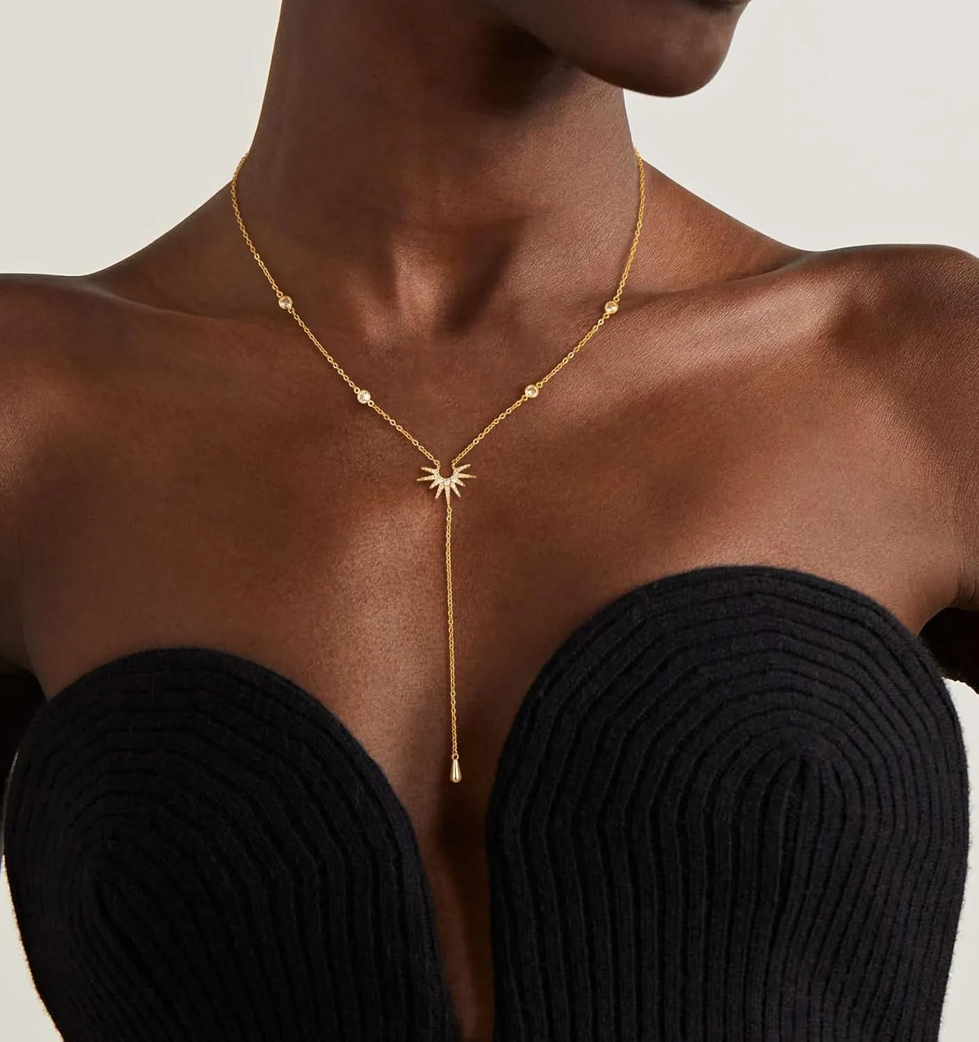 CHESKY Lariat Gold Necklace for Women, Dainty Y Necklace Trendy Long Necklaces 14K Gold Plated Layered Y-Shaped Pendant Necklace CZ Beaded Infinity Chain Drop Necklaces Simple Gold Jewelry Gift