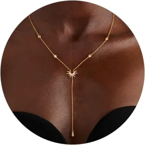 CHESKY Lariat Gold Necklace for Women, Dainty Y Necklace Trendy Long Necklaces 14K Gold Plated Layered Y-Shaped Pendant Necklace CZ Beaded Infinity Chain Drop Necklaces Simple Gold Jewelry Gift