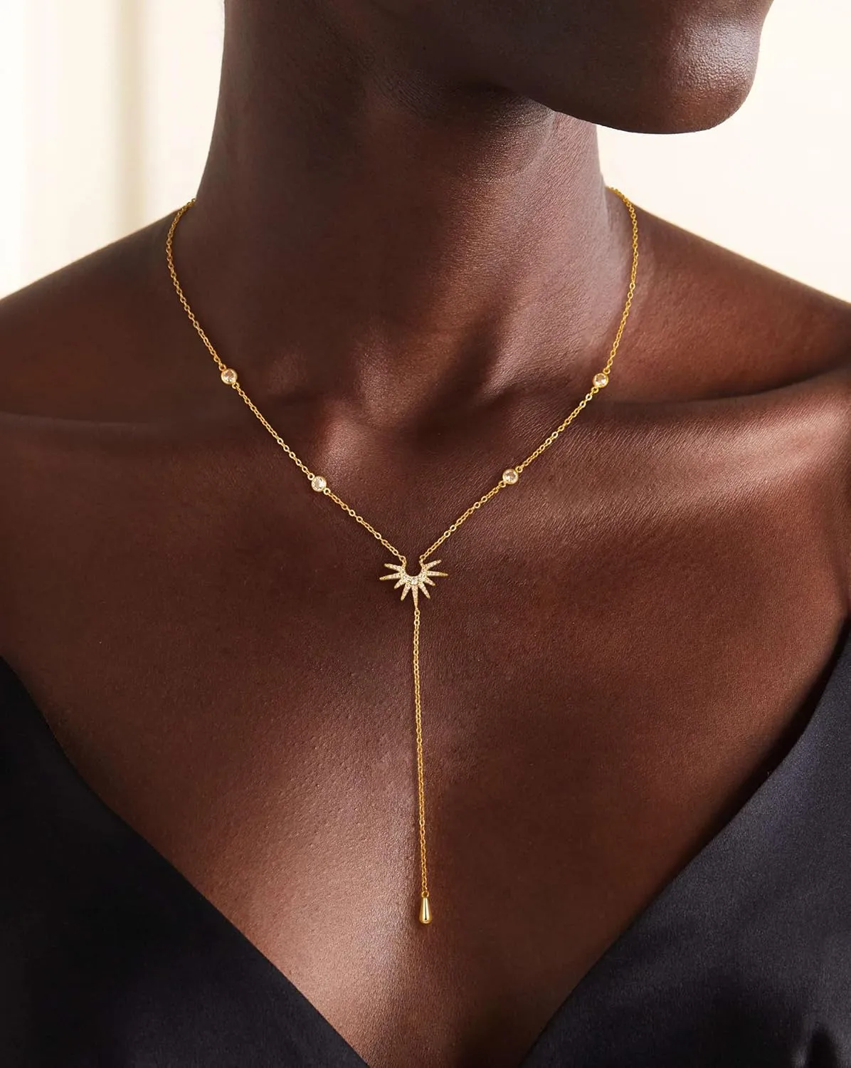 CHESKY Lariat Gold Necklace for Women, Dainty Y Necklace Trendy Long Necklaces 14K Gold Plated Layered Y-Shaped Pendant Necklace CZ Beaded Infinity Chain Drop Necklaces Simple Gold Jewelry Gift