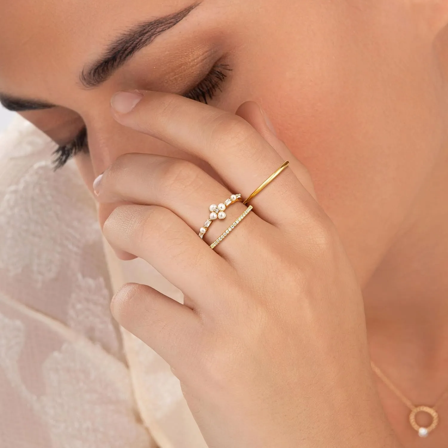 CHESKY Non Tarnish Pearl Gold Rings for Women, Dainty Stackable Pearl Rings 14K Gold Plated Stacking Cubic Zirconia Thumb Rings Set Trendy Rings Wedding Engagement Gold Rings Size 6 7 8 9 10