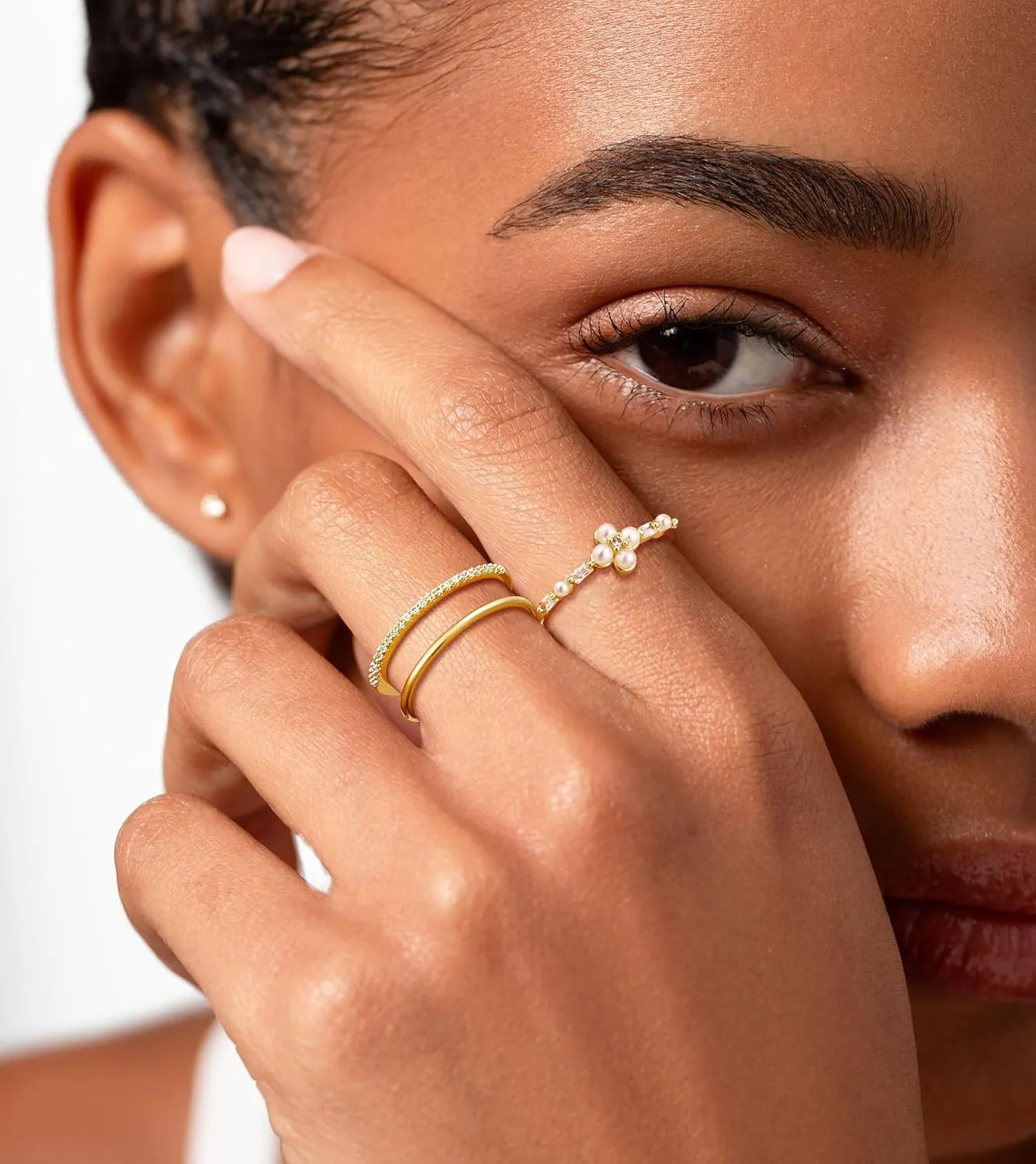 CHESKY Non Tarnish Pearl Gold Rings for Women, Dainty Stackable Pearl Rings 14K Gold Plated Stacking Cubic Zirconia Thumb Rings Set Trendy Rings Wedding Engagement Gold Rings Size 6 7 8 9 10