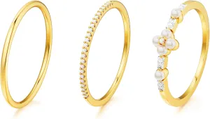 CHESKY Non Tarnish Pearl Gold Rings for Women, Dainty Stackable Pearl Rings 14K Gold Plated Stacking Cubic Zirconia Thumb Rings Set Trendy Rings Wedding Engagement Gold Rings Size 6 7 8 9 10