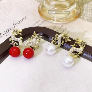 Chinese Style Dragon Earrings Vintage Punk Animal Totem Earrings Dainty Cubic Zirconia Pearl Dragon Statement Earrings Personalized Dragon Prom Jewelry for Women