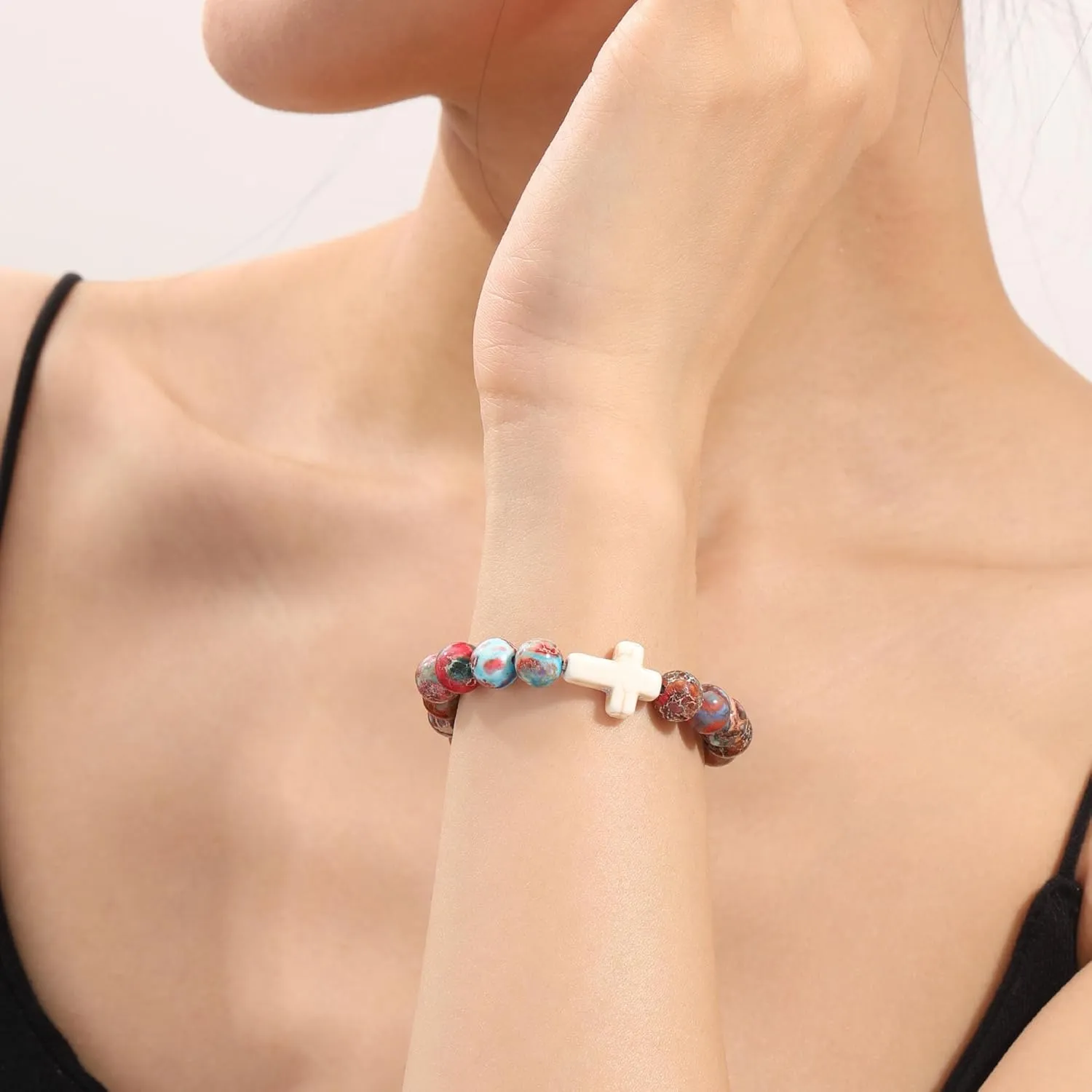Christian Gifts for Women Cross Bracelets Imperial Nature Stone Bead Bracelet Confirmation Baptism Gifts for Teen Girls Easter Basket Stuffers for Teens Christmas Religious Jewelry